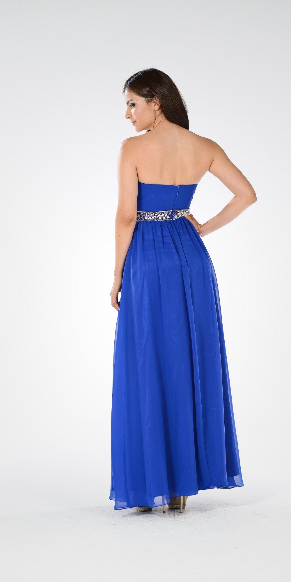 Royal Blue Strapless Embellished Waist A-line Prom Dress Long