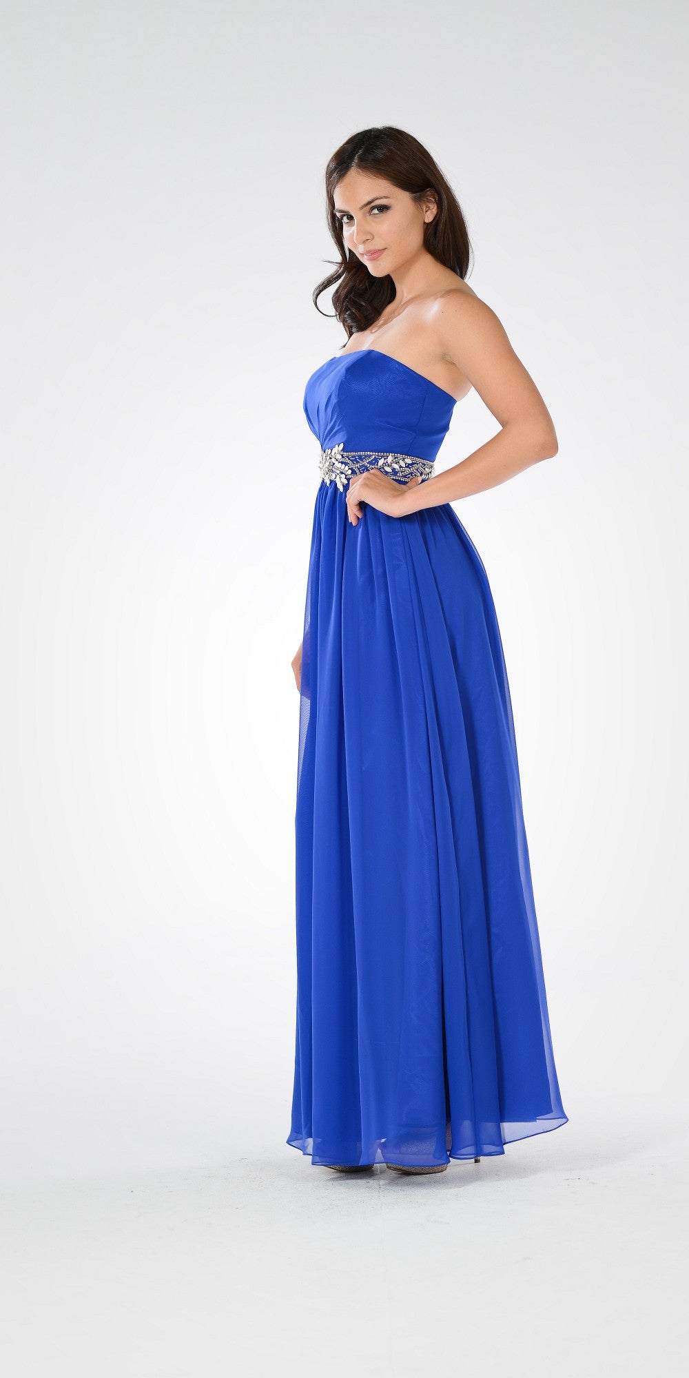 Royal Blue Strapless Embellished Waist A-line Prom Dress Long