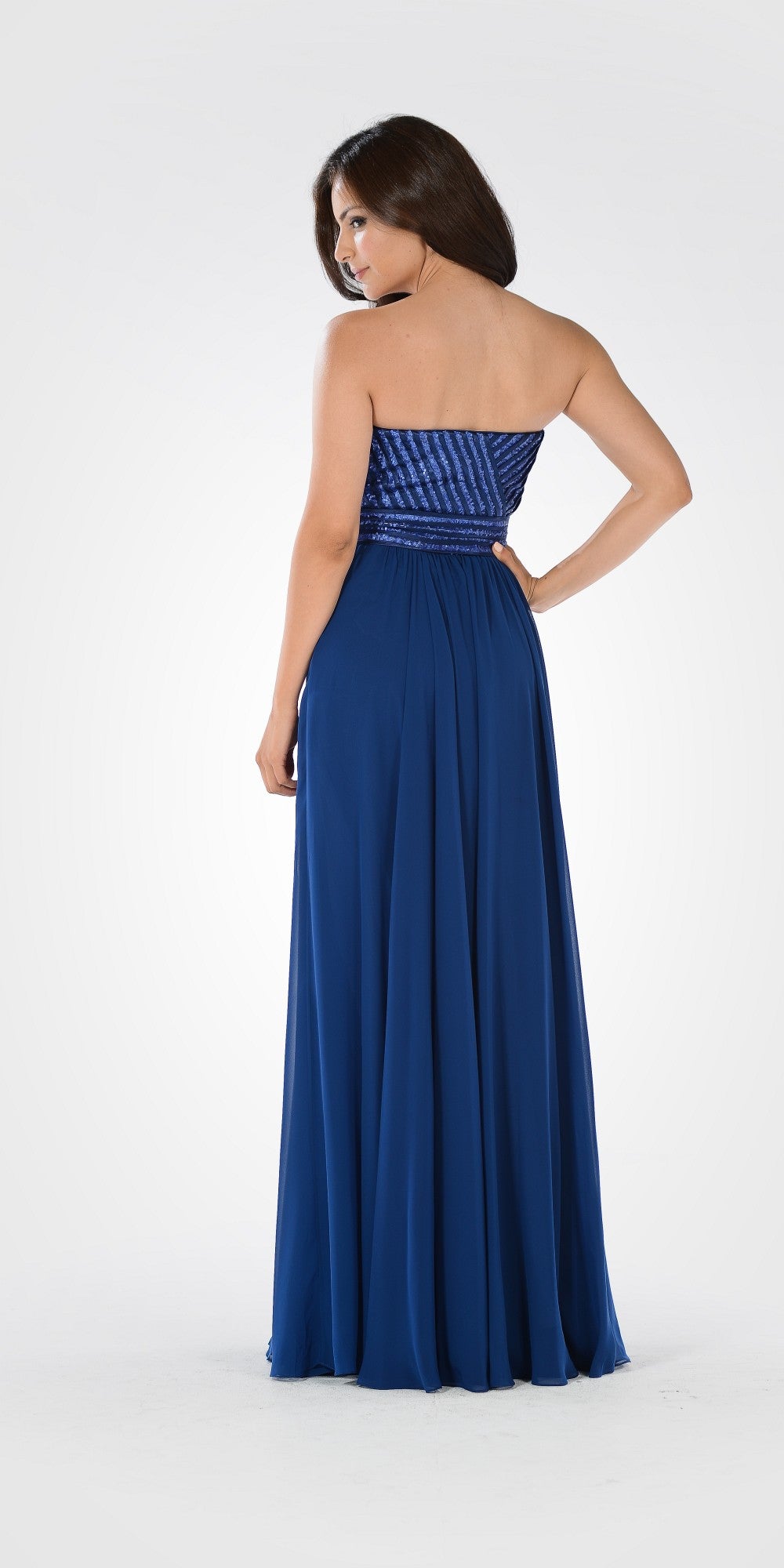 Navy Blue Sweetheart Neck Sequined Bodice Long Formal Dress