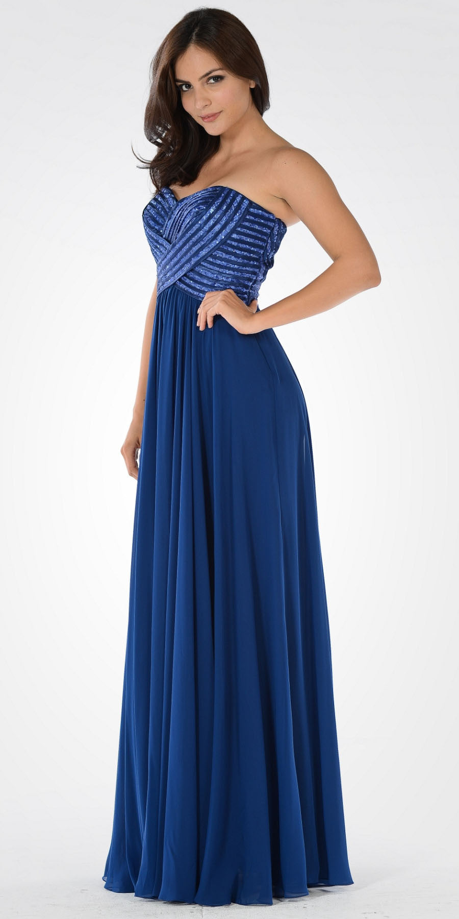 Navy Blue Sweetheart Neck Sequined Bodice Long Formal Dress