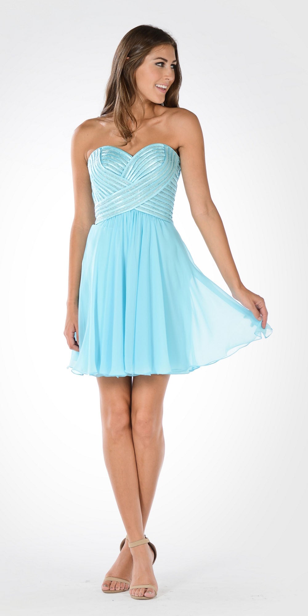 Strapless Embellished Bodice A-line Chiffon Short Party Dress Aqua
