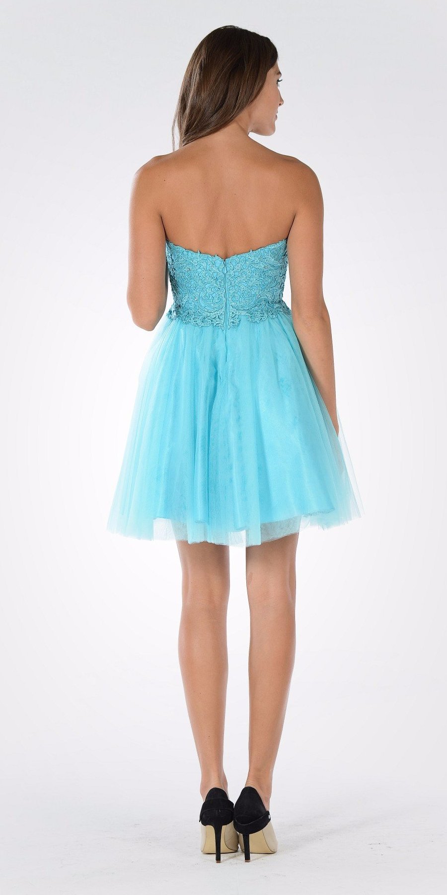 Poly USA 7718 - Lace Bodice Tulle Skirt A-line Homecoming Dress Strapless Aqua