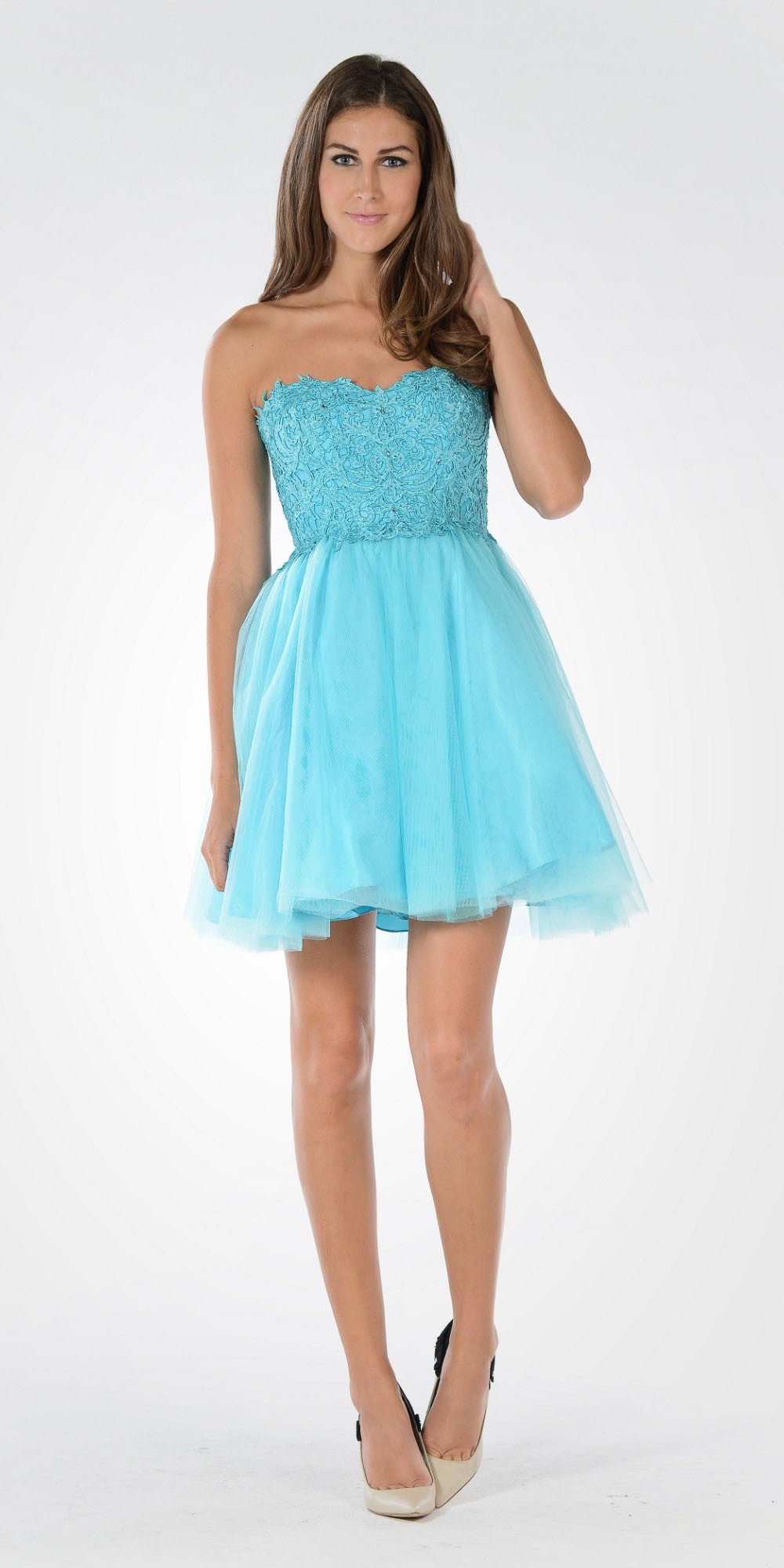 Poly USA 7718 - Lace Bodice Tulle Skirt A-line Homecoming Dress Strapless Aqua