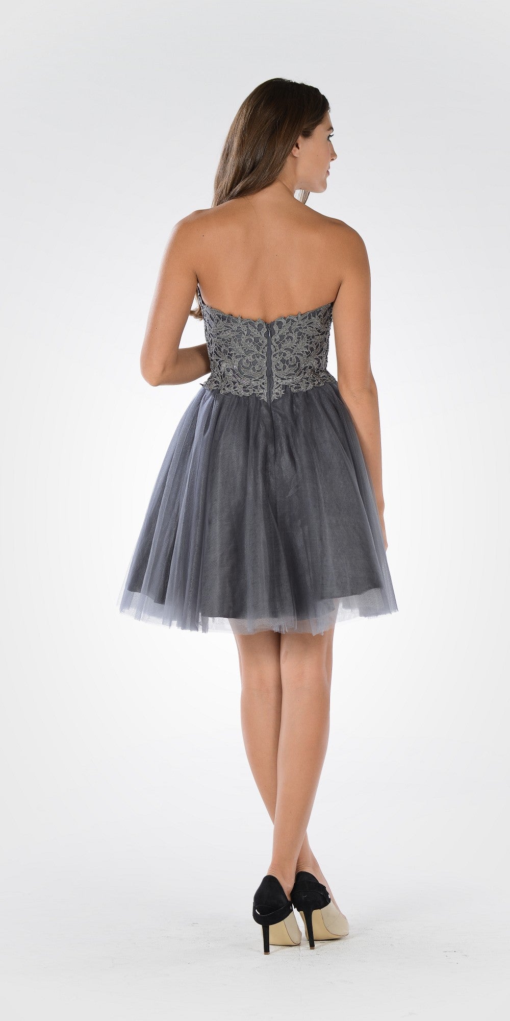 Poly USA 7718 - Lace Bodice Tulle Skirt A-line Homecoming Dress Strapless Charcoal