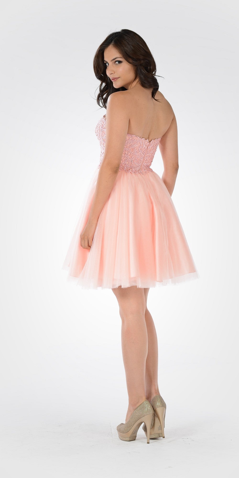 Poly USA 7718 - Lace Bodice Tulle Skirt A-line Homecoming Dress Strapless Pink