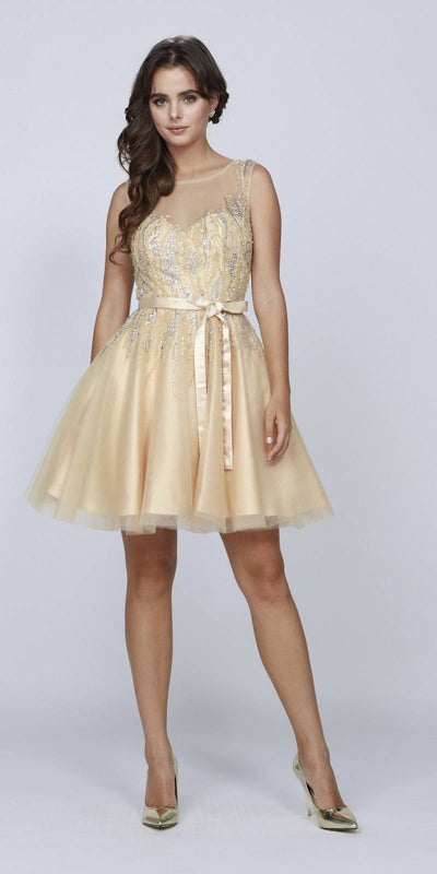 Sequins Embellished Bodice Illusion Short Prom Dress Gold