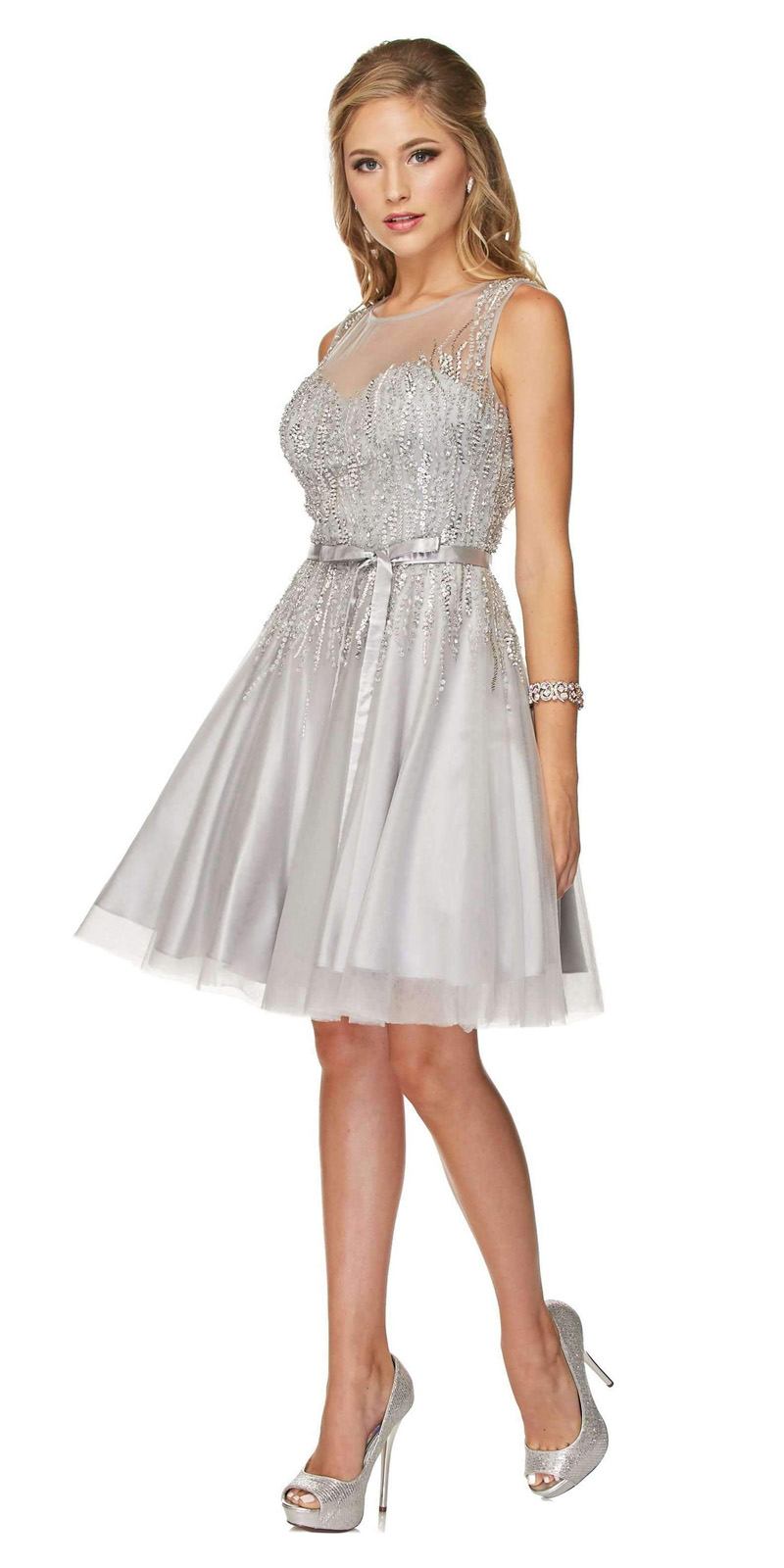 Sequins Embellished Bodice Illusion Short Prom Dress Silver