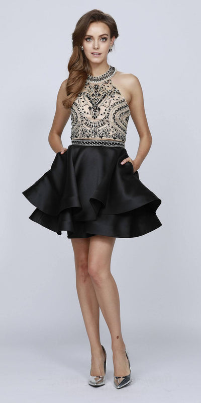 Juliet 777 Two-Piece Short Prom Dress Halter Embellished Bodice Black