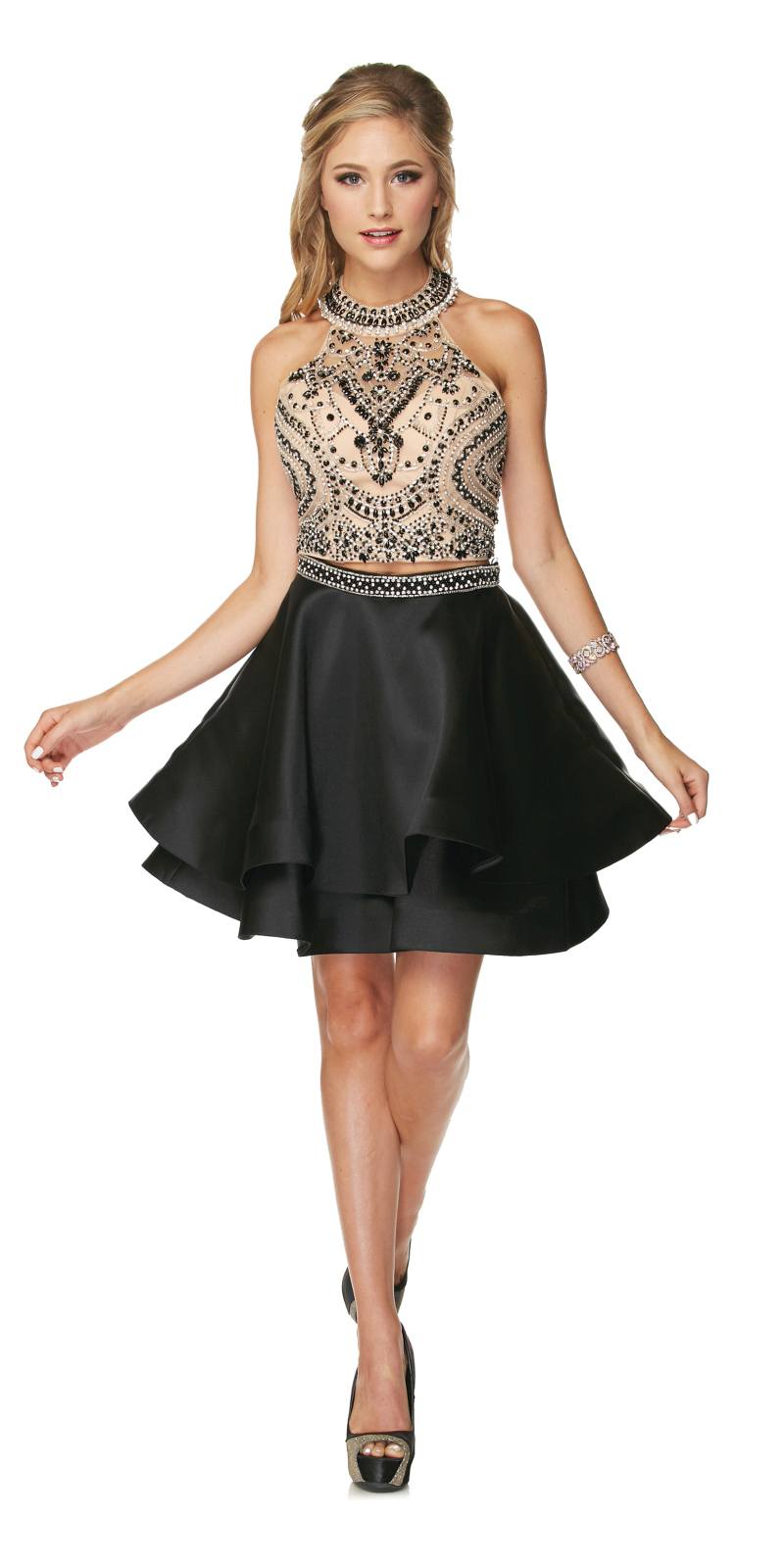Two-Piece Short Prom Dress Halter Embellished Bodice Black