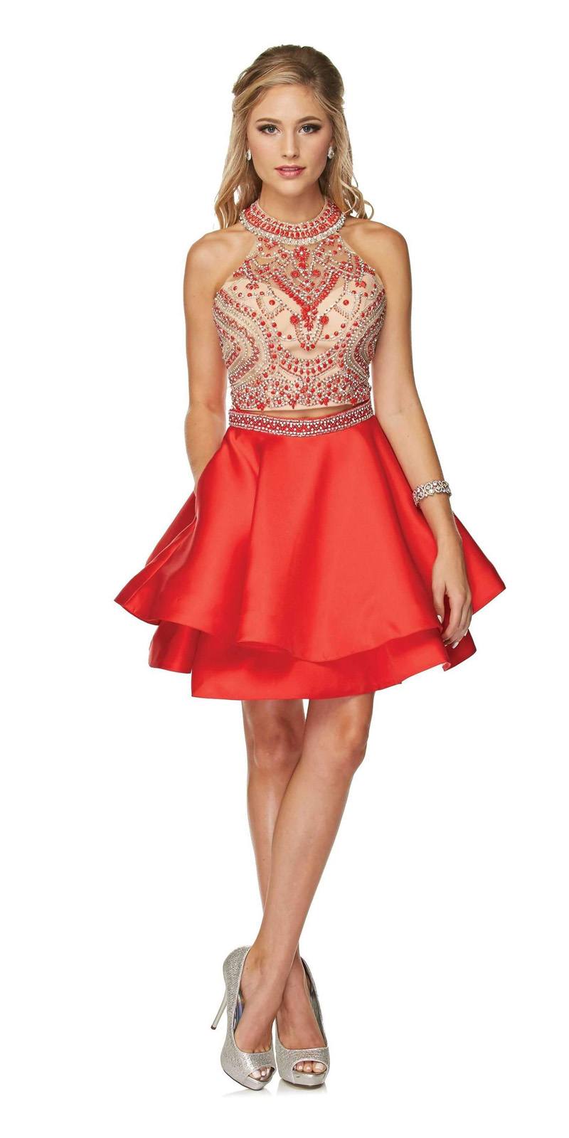 Two-Piece Short Prom Dress Halter Embellished Bodice Red