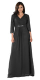 Black V-Neck Shirred Bodice Embellished Waist Formal Dress Back View