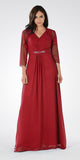 Burgundy V-Neck Shirred Bodice Embellished Waist Formal Dress