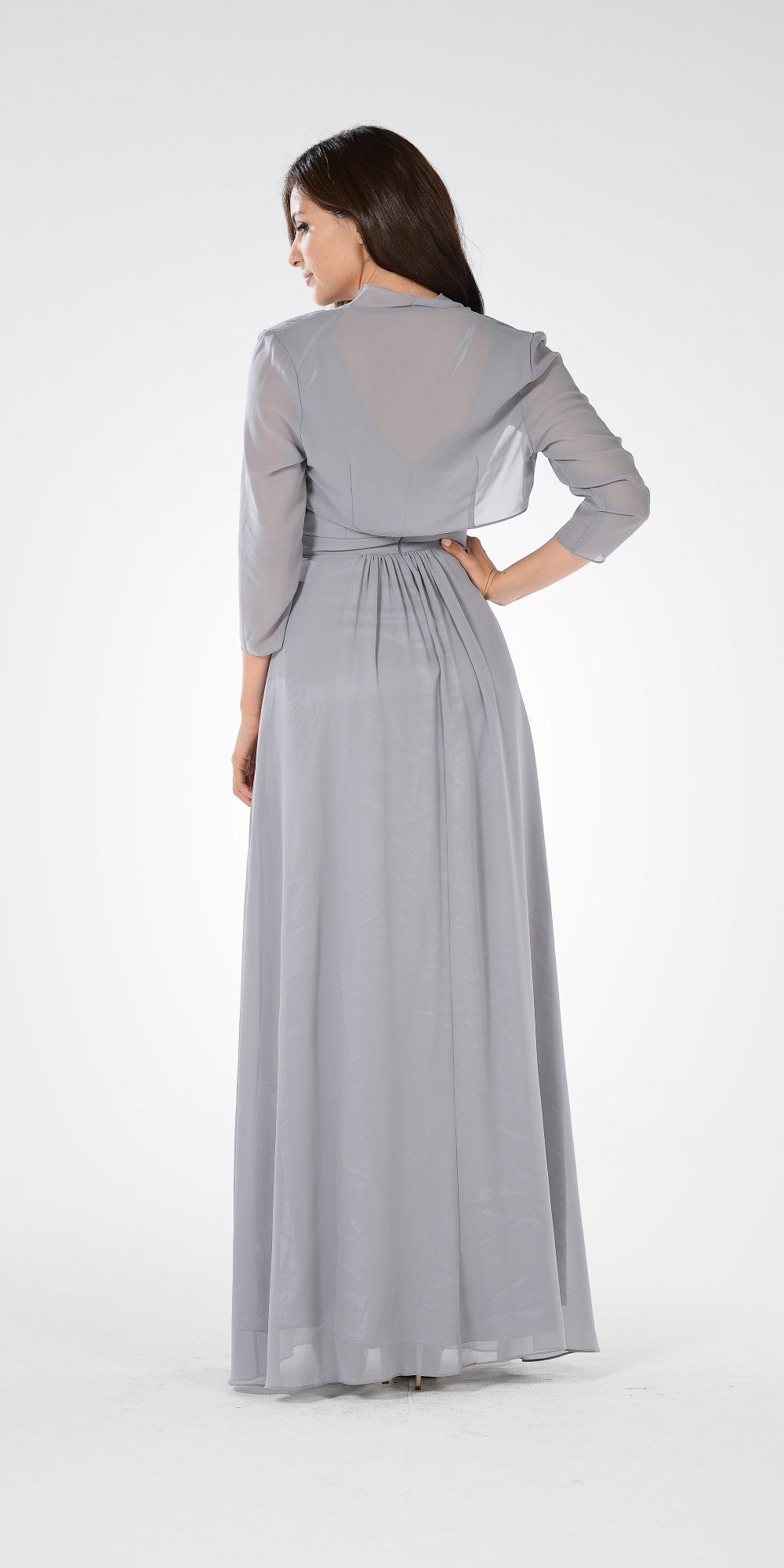 Gray V-Neck Shirred Bodice Embellished Waist Formal Dress