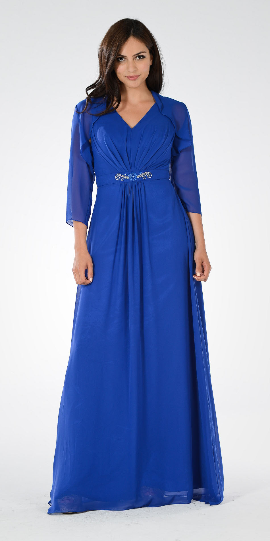Royal Blue V-Neck Shirred Bodice Embellished Waist Formal Dress