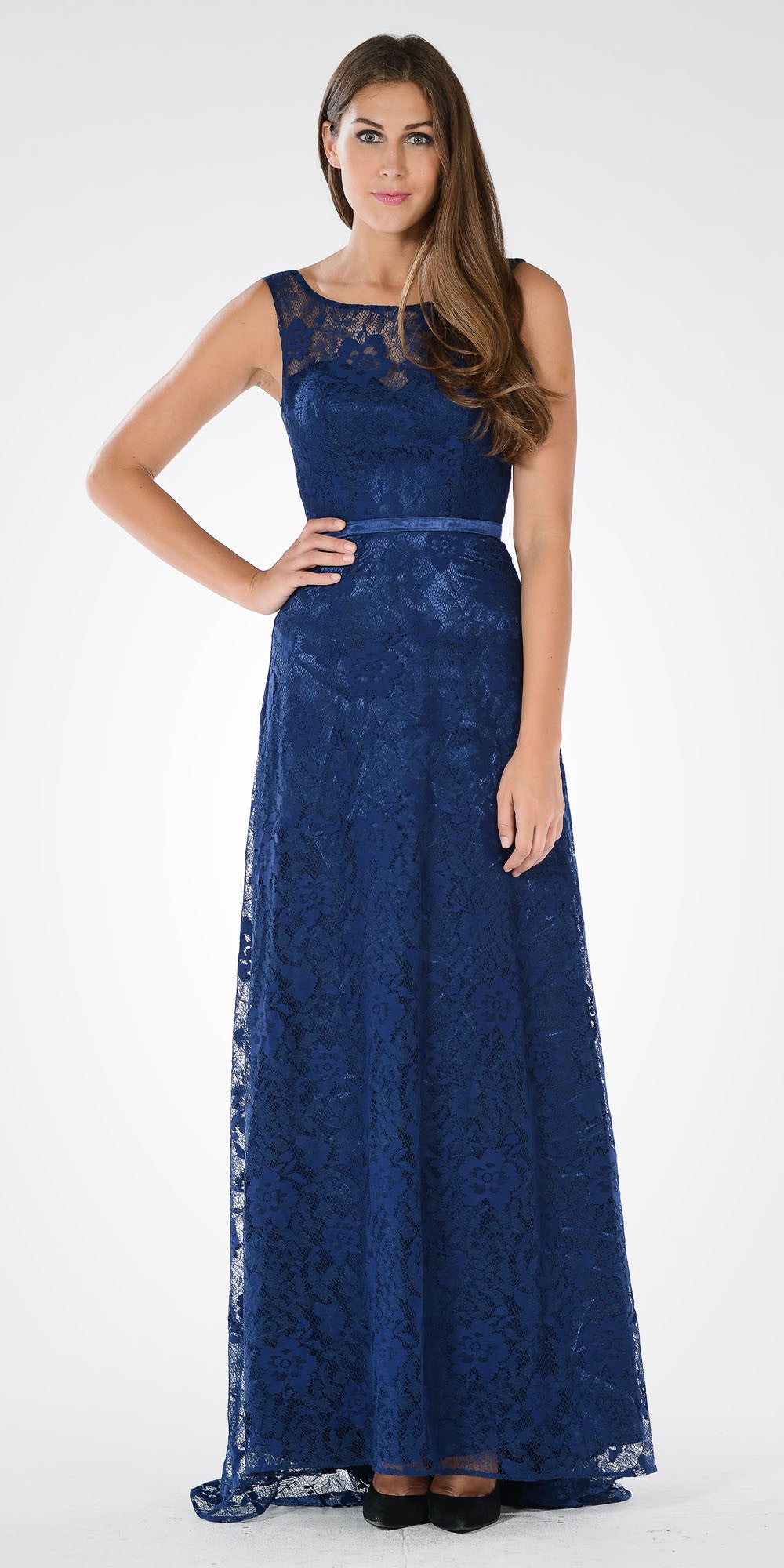 Illusion Lace V-Shape Back A-line Gown with Mid Sleeves Bolero Navy Blue