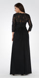 Black Pleated Bodice Appliqued Waist and Sleeves Formal Dress Long
