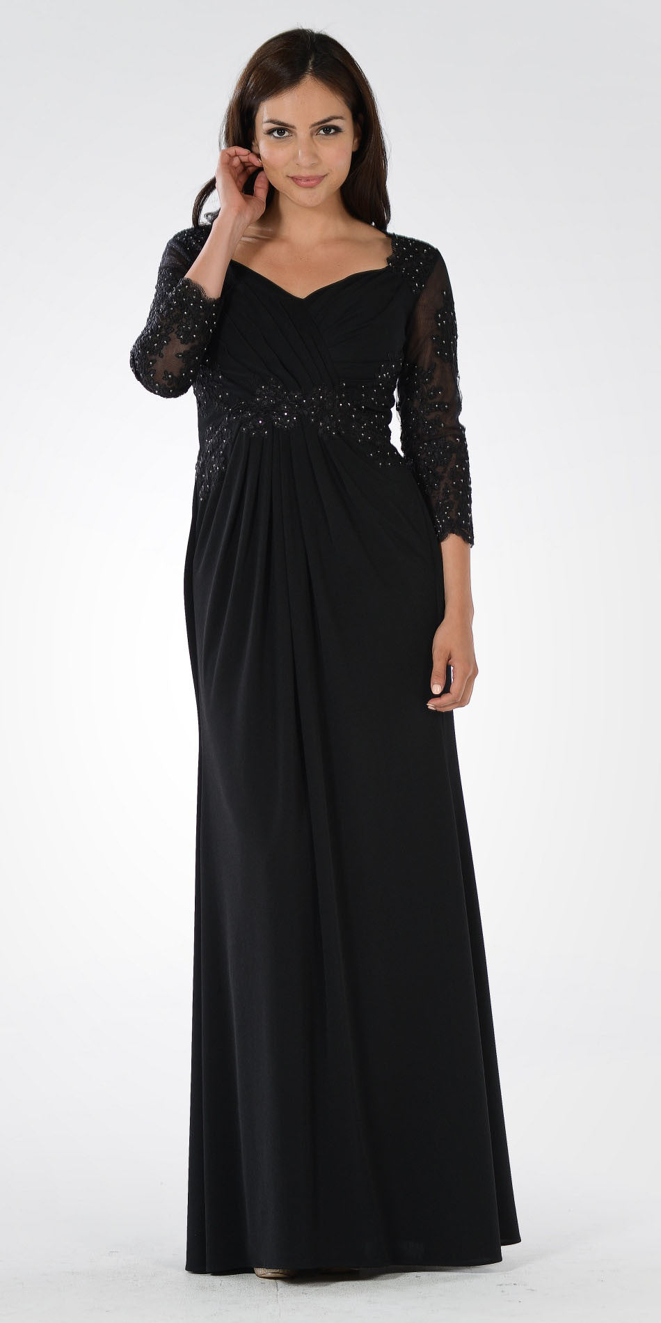 Black Pleated Bodice Appliqued Waist and Sleeves Formal Dress Long