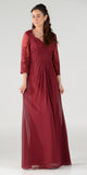 Burgundy Pleated Bodice Appliqued Waist and Sleeves Formal Dress Long