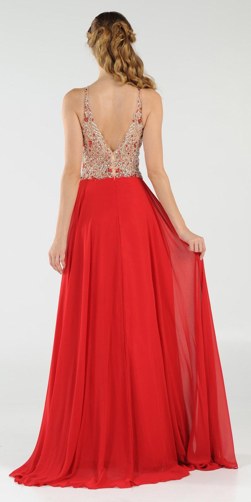 Poly USA 7826 - Halter Beaded Bodice A-Line Chiffon Long Prom Dress Red Back View
