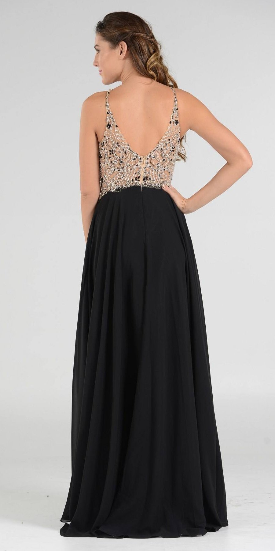 Poly USA 7826 - Halter Beaded Bodice A-Line Chiffon Long Prom Dress Black