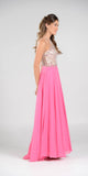 Poly USA 7826 - Halter Beaded Bodice A-Line Chiffon Long Prom Dress Hot Pink