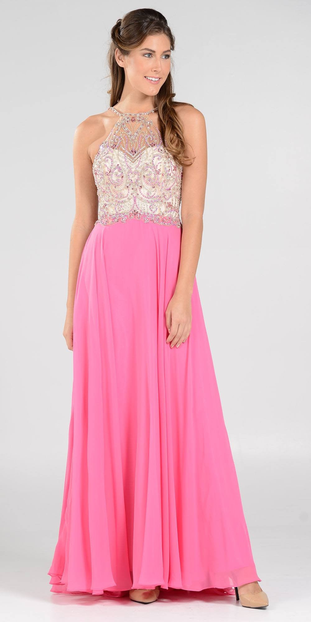 Poly USA 7826 - Halter Beaded Bodice A-Line Chiffon Long Prom Dress Hot Pink