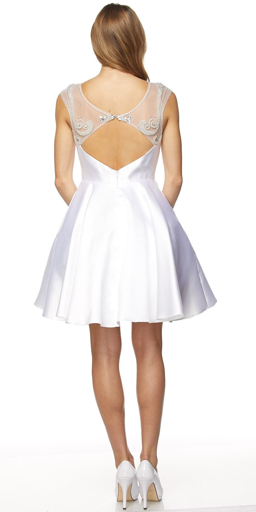 Juliet 783 White Cap Sleeves Illusion Beaded Neckline Short Prom Dress