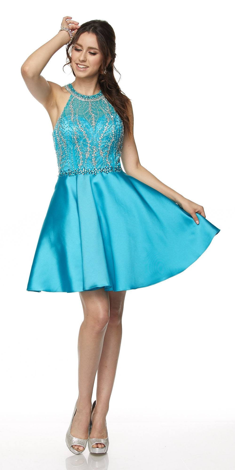 Juliet 785 Turquoise A-Line Short Prom Dress Cut Out Back Halter Neckline