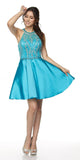Juliet 785 Turquoise A-Line Short Prom Dress Cut Out Back Halter Neckline