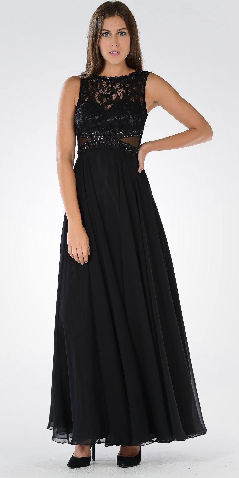 Lace Bodice Sleeveless A-Line Formal Dress Black Long Mesh Side Cut Outs