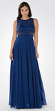 Lace Bodice Sleeveless A-Line Formal Dress Navy Blue Long Mesh Side Cut Outs