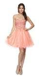 Juliet 787 Coral Strapless Applique Jeweled Bodice Short Prom Dress 