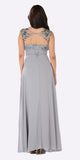 Poly USA 7874 - V-Neck Embellished Pleated Bodice Empire Waist Formal Dress Long Gray Back View