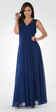V-Neck Embellished Pleated Bodice Empire Waist Formal Dress Long Navy Blue
