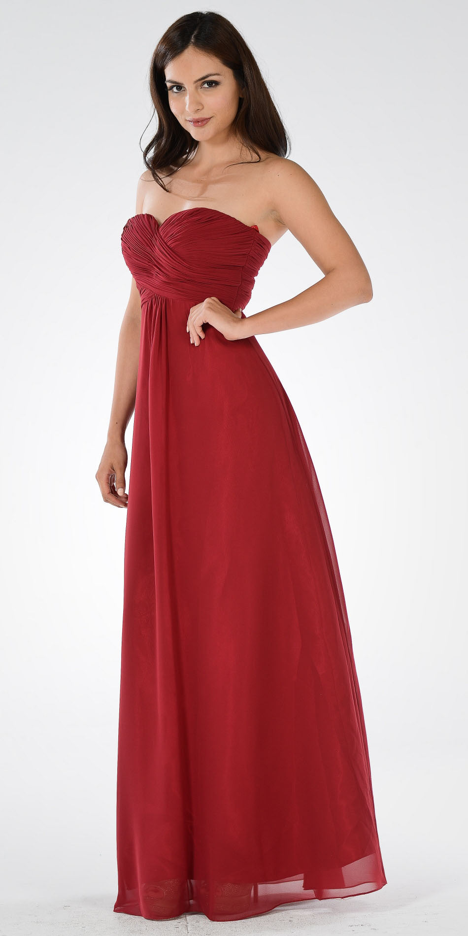 Sweetheart Strapless Ruched Bodice Lace Up Back Long Bridesmaids Dress Burgundy