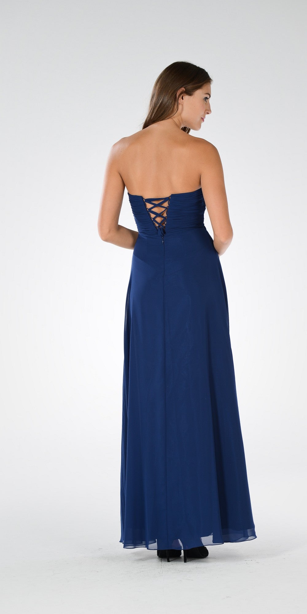 Sweetheart Strapless Ruched Bodice Lace Up Back Long Bridesmaids Dress Navy Blue