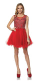 Juliet 789 Scoop Neck Appliqued Bodice Short Prom Dress Red - DiscountDressShop