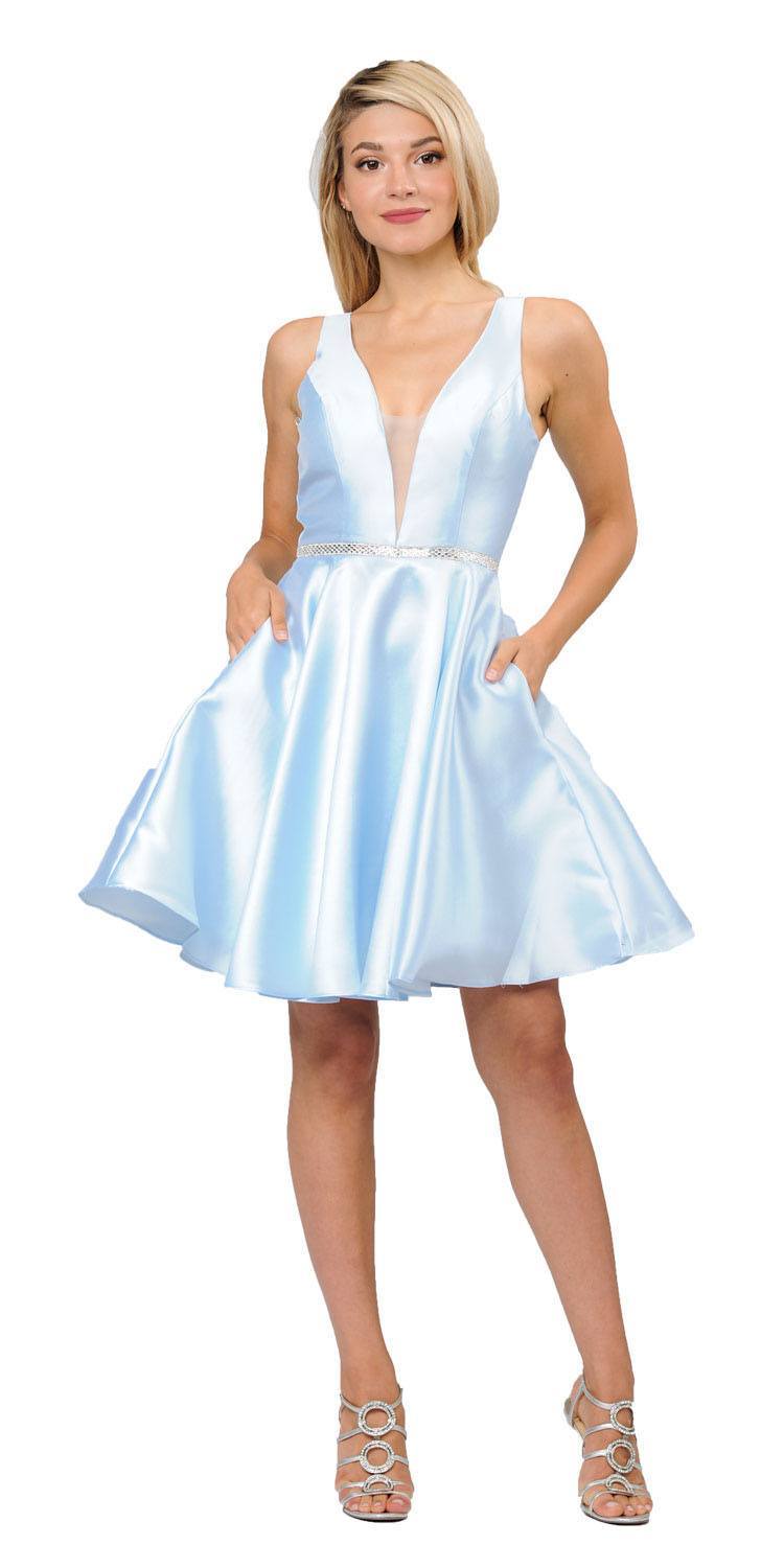 Poly USA 7894 Light Blue Satin V-Neck Embellished Waist A-Line Homecoming Dress Short