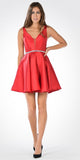 Red Satin V-Neck Embellished Waist A-Line Homecoming Dress Short