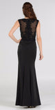 Scoop Neck Appliqued Bodice Fit and Flare Prom Gown Black Cap Sleeves