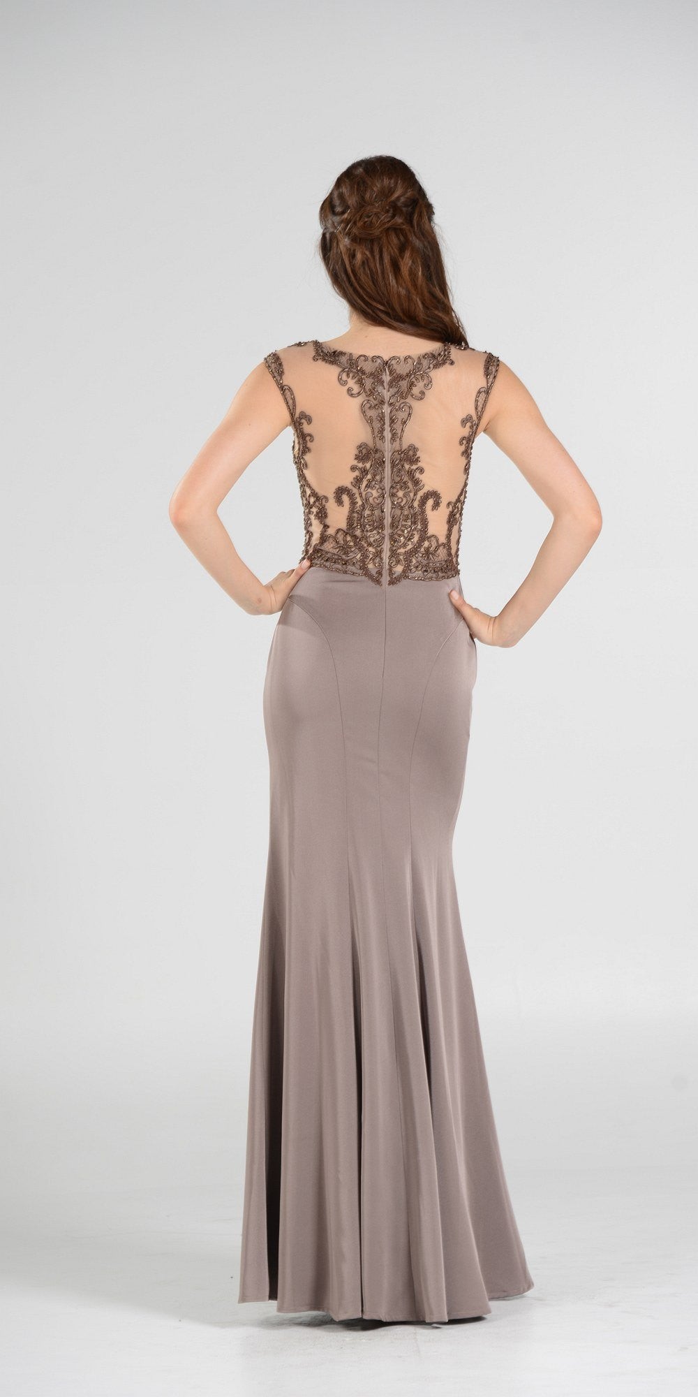 Scoop Neck Appliqued Bodice Fit and Flare Prom Gown Mocha Cap Sleeves
