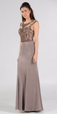 Scoop Neck Appliqued Bodice Fit and Flare Prom Gown Mocha Cap Sleeves