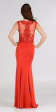 Scoop Neck Appliqued Bodice Fit and Flare Prom Gown Red Cap Sleeves