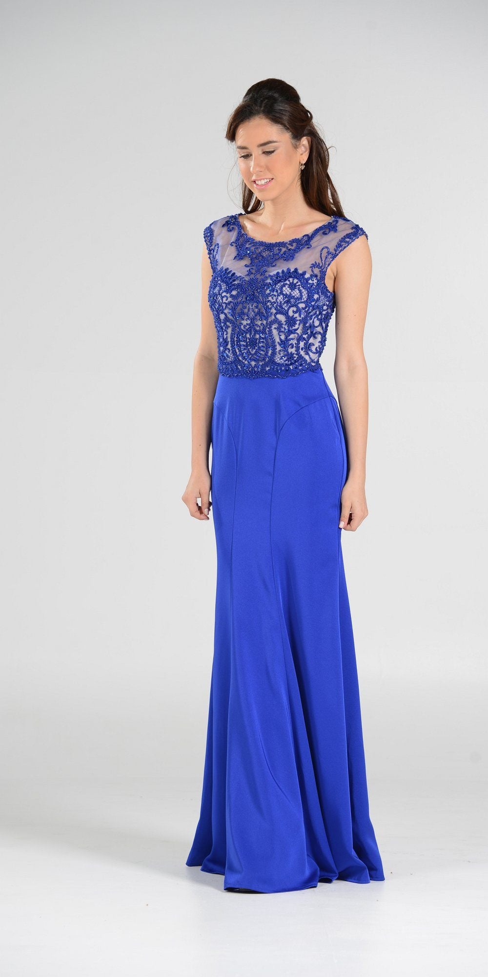 Scoop Neck Appliqued Bodice Fit and Flare Prom Gown Royal Blue Cap Sleeves