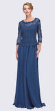 Navy Blue Appliqued Long Formal Dress Mid-Length Sleeves