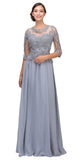 Silver Appliqued Long Formal Dress Mid-Length Sleeves