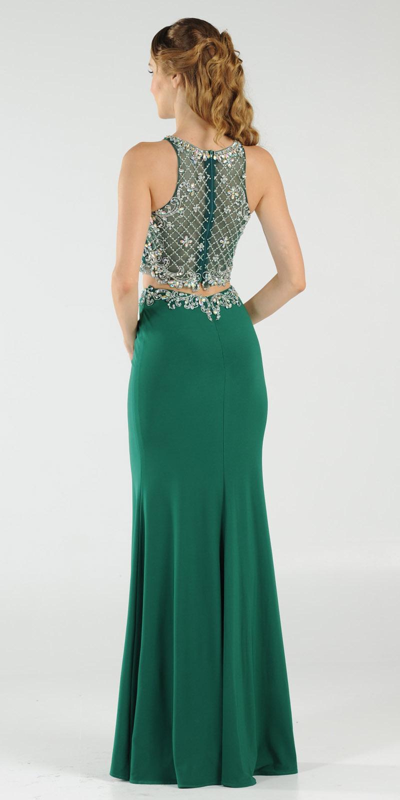 Poly USA 7926 Two-Piece Green Prom Gown with Embellished Crop Top and ITY Skirt Back View