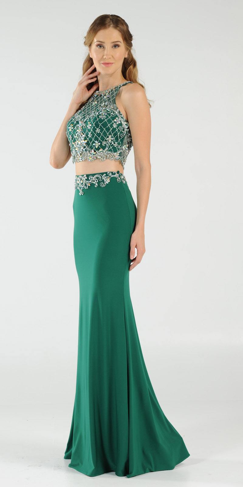 Poly USA 7926 Two-Piece Green Prom Gown with Embellished Crop Top and ITY Skirt Side View
