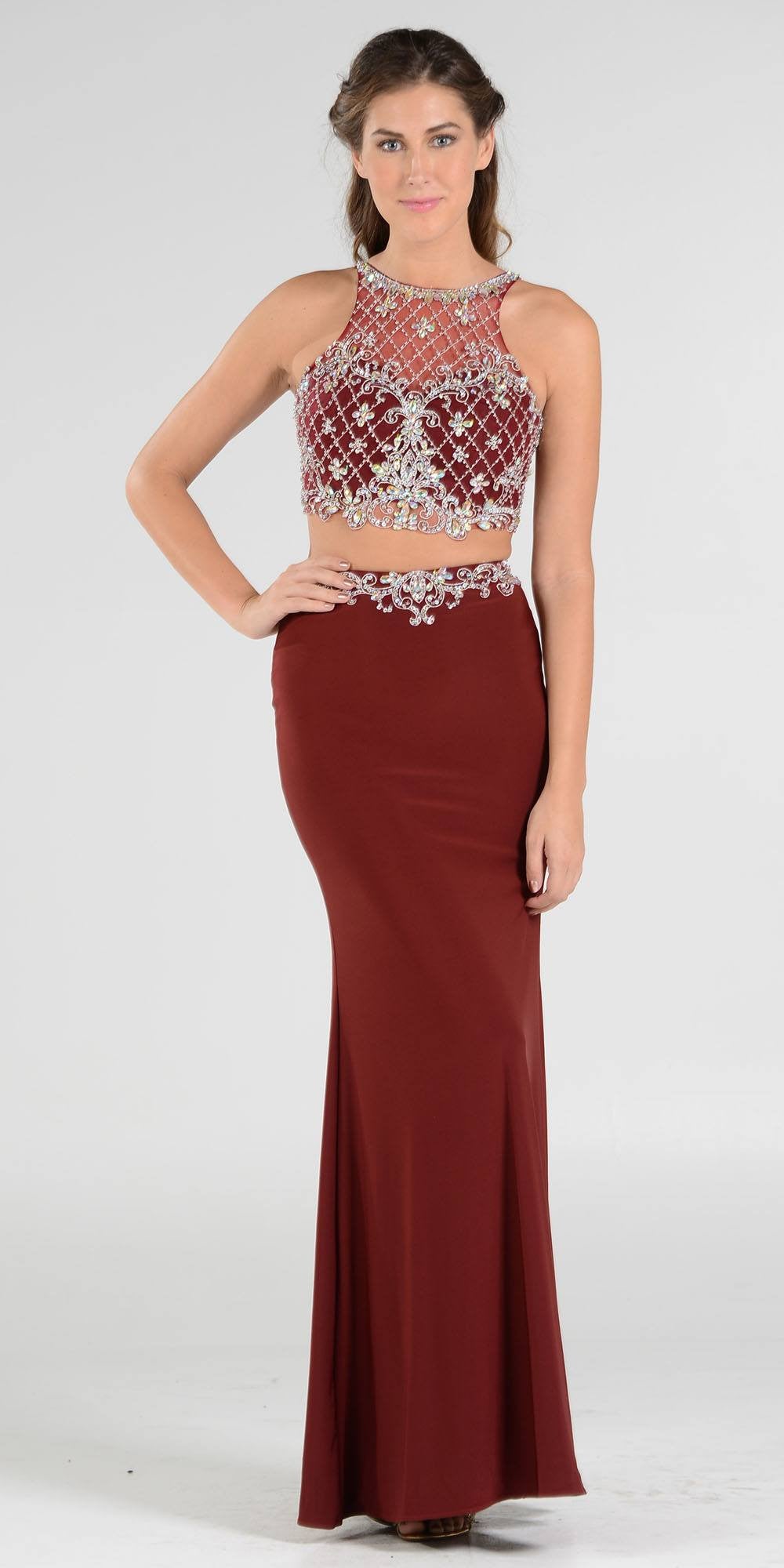 Two-Piece Burgundy Prom Gown with Embellished Crop Top and ITY Skirt