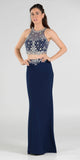 Two-Piece Navy Blue Prom Gown with Embellished Crop Top and ITY Skirt